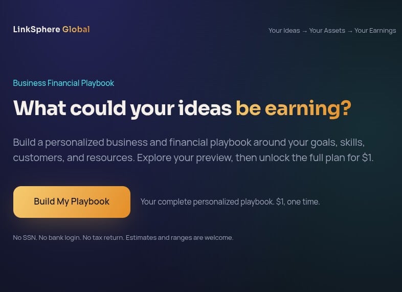 LinkSphere Global playbook landing page with an earnings headline and orange call-to-action button.
