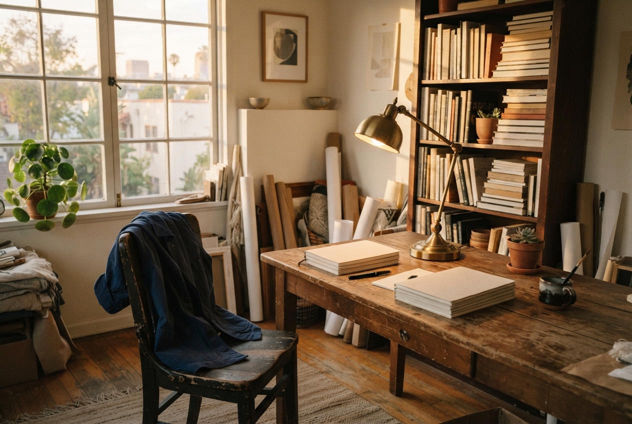 Sunlit artist’s studio with a rustic desk, paper stacks, brass lamp, bookshelf, plant, and rolled materials.